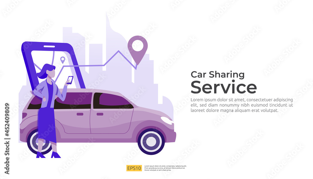 Poster online taxi or rent transportation using smartphone service application with character and route poi