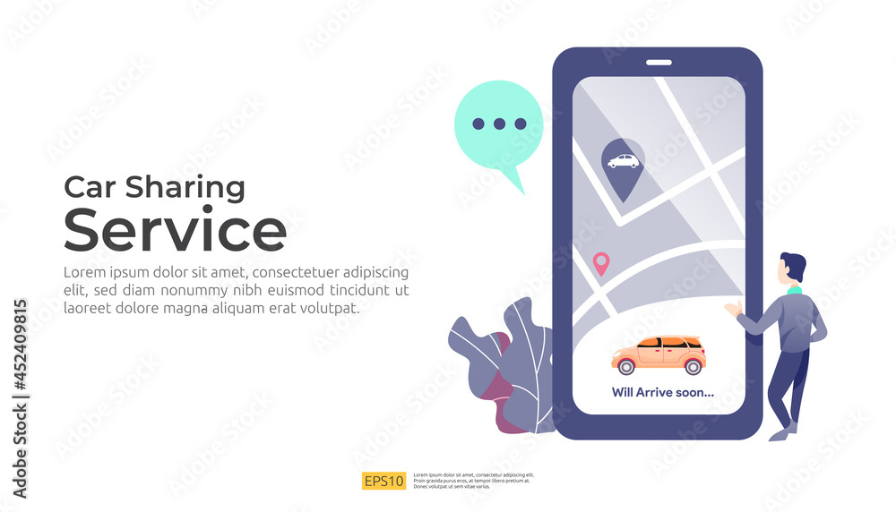 Poster online taxi or rent transportation using smartphone service application with character and route poi