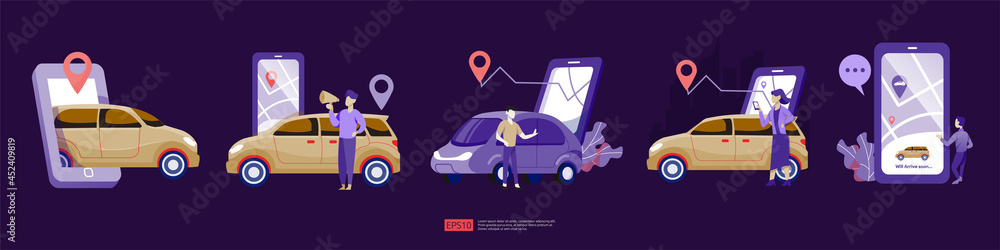 Poster online taxi or rent transportation using smartphone service application with character and route poi
