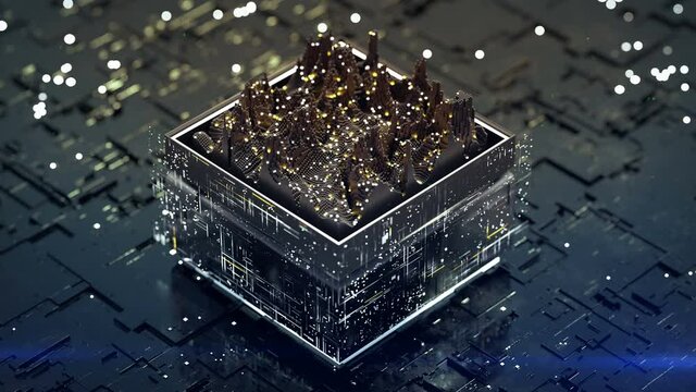 Data analysis process. Fictional circuit board with signal analyzer. Seamless loop 3D render animation with DOF