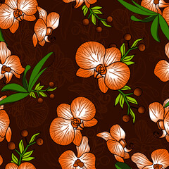 Orange Orchid Flowers Seamless Pattern Background
