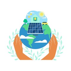 Human hands holding solar panel with dollar coin and light bulb connected to solar panel. Solar energy concept vector illustration.