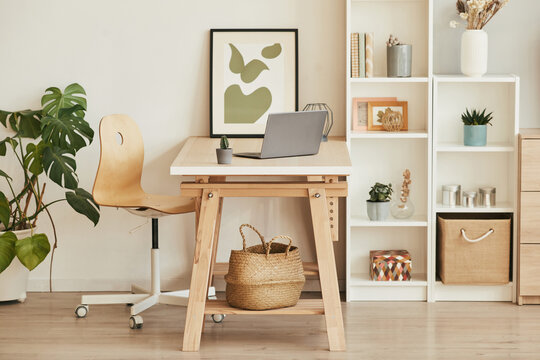 Background image of empty home office interior with wooden details in cozy apartment, copy space
