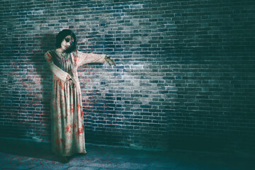 Creepy female ghost walking in abandoned house