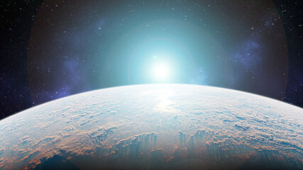 3D Render. planet earth with sunrise in the space - Europe - elements of this image furnished by NASA
