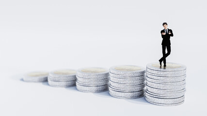 3d render illustration. Businessman miniature standing on stack