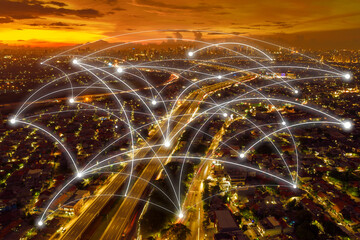 Jakarta cityscape with connection network at dusk