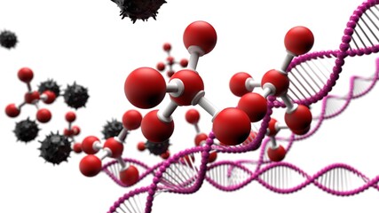 Red Molecular structure, pink DNA Model Structure and black Virus under White Background. Concept image of Genetic Test. 3D illustration. 3D high quality rendering. 3D CG.