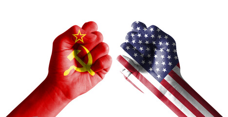 It combines the Soviet Union flag with the American flag and fists to tell the concept of communication and dialogue