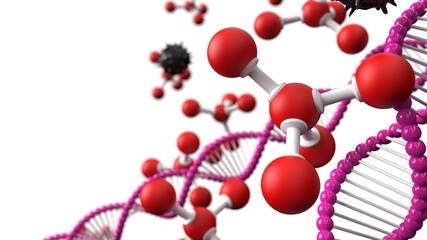 Red Molecular structure, pink DNA Model Structure and black Virus under White Background. Concept image of Genetic Test. 3D illustration. 3D high quality rendering. 3D CG.