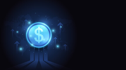 Group of up trend arrow and dollar sign on world map chart  background