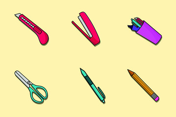 Stationery set isolated vector illustration cartoon style. use for back to school design, education icon, element graphic for poster, banner, web, flyer
