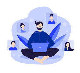 vector illustration on the theme of video calls, online conference, internet communication. man's character makes video calls to several women. trend illustration in flat style