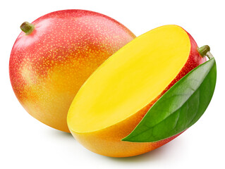 Juicy mango isolated on the white background. Fresh mango and leaf. Clipping path peach. Mango...