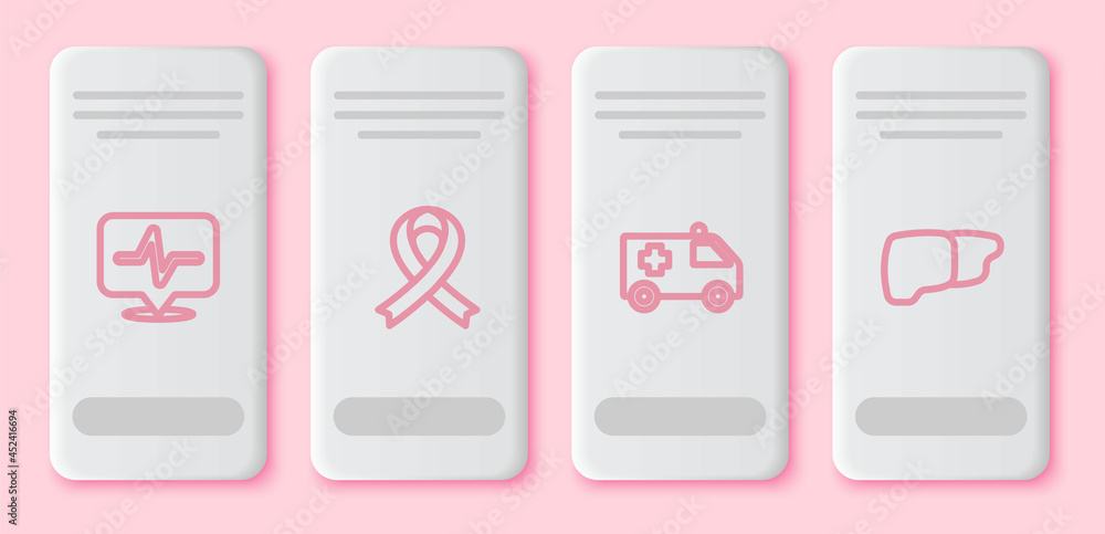 Sticker Set line Heart rate, Awareness ribbon, Ambulance car and Human organ liver. White rectangle button. Vector