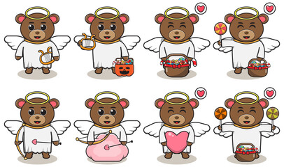 Cute Character Cartoon of Bear with Angel costume set. Good for icon, label, sticker, clipart. Vector illustration.