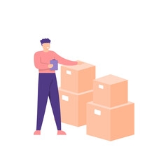 concept of stock take staff, warehouse admin, goods supervisor. illustration of an employee or male worker counting and reading an inventory report. see the amount of inventory. flat cartoon style