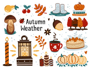 Autumn set, hand drawn elements- calligraphy, fall leaves, forest animals, wreaths, and other. Perfect for web, card, poster, cover, tag, invitation, sticker kit. Vector illustration