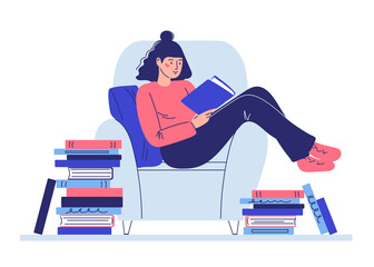 a girl sitting in a chair reading a book.concept of learning and recreation. cartoon style, caricature