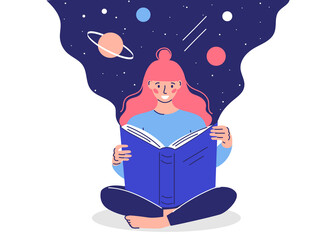 the girl sits in the lotus position, reading a book. fantasy when reading books. cartoon style illustration, caricature