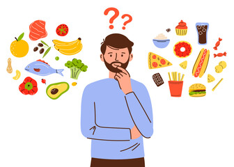 Man character chooses between healthy and unhealthy food. Comparing fast food and balanced menus. Healthy food concept.