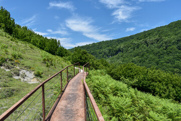 Fototapeta na wymiar Hiking trail leading to Okatse Canyon in village Gordi, Imereti region, Georgia. Path surrounded by hills covered by green trees. Blue sky with light clouds above. Georgian tourist attraction