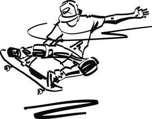 the vector sketch of the skateboarder jumping on a skateboard