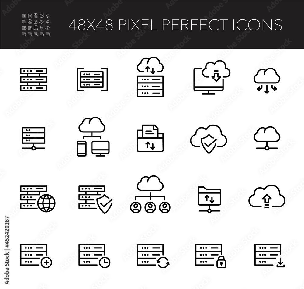 Aufkleber database and cloud storage server icons set. upload, protection and networking. pixel perfect, edita