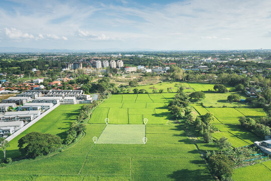 Land plot in aerial view. Gps registration survey of property, real estate for map with location, area. Concept for residential construction, development. Also home or house for sale, buy, investment.