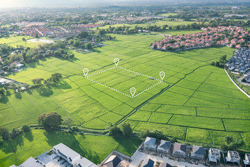 Land plot in aerial view. Gps registration survey of property, real estate for map with location,...
