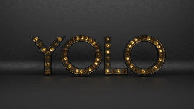 Cool 3D animation rendering of YOLO you only live once marque sign lighting up in random loop.