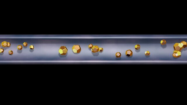 Nanoparticles moving through tube . Nano spheres , balls move through cylinder cross sectional view. 
Nanites flowing in pipe.  3d animation render