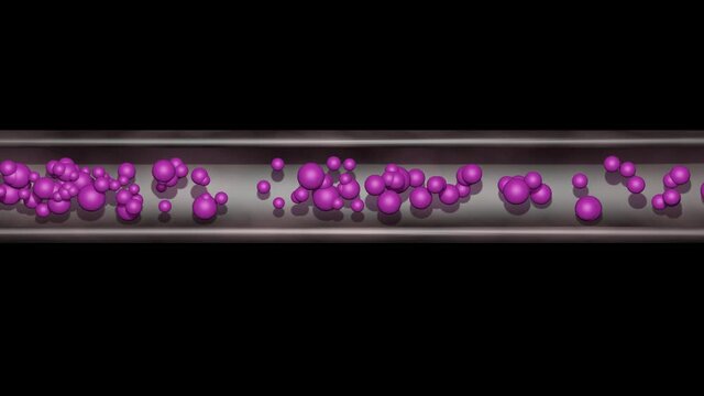 Particles moving through tube . Spheres , balls move through cylinder cross sectional view. Slow speed. 
Liquid flow in pipe.  3d animation render