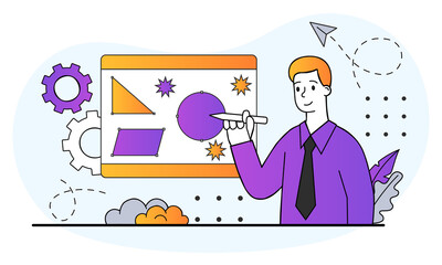 Graphic designer, freelancer or art director concept. Man draws abstract figures with stylus in program. Creative profession. Cartoon doodle flat vector illustration isolated on white background