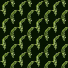 Summer foliage seamless abstract pattern with green tropical leaves ornament. Dark background.