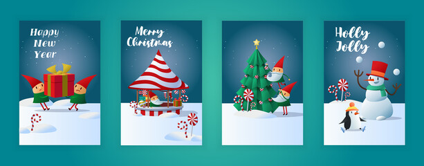 Bold Merry Christmas greeting cards. Colorful posters with gift, Christmas tree, snowman and elves. Design element for cover and social network. Modern gradient collection isolated on blue background © Rudzhan