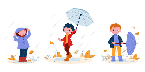 Cute smiling kids with umbrellas in rubber boots in the rain. Set of vector illustrations in flat cartoon style.