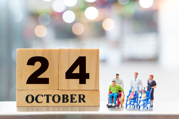Doctor and children on wooden block 24 october background . World Polio Day concept