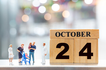 Doctor and children on wooden block 24 october background . World Polio Day concept