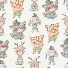 Naadloze patroon schattige tekenfilm dieren Knorretje konijn wasbeer fawn