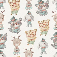 Wall murals Out of Nature Seamless pattern cute cartoon animals piglet bunny raccoon fawn