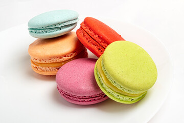 Sweet and colorful macaroons or macaron on white background