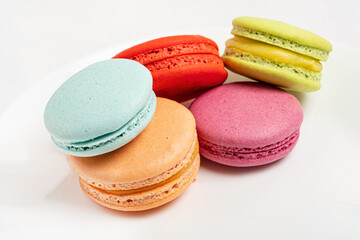Sweet and colorful macaroons or macaron on white background