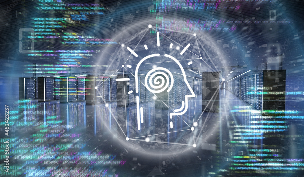 Poster artificial intelligence icon in a server room data center - 3d rendering