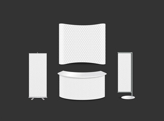 Advertising exhibition stand design with hexagonal white abstract background, 3d hexagons texture corporate identity style, vector illustration