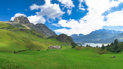 Fototapeta na wymiar View of Grevasalvas in the Engadine valley on the Swiss Alps