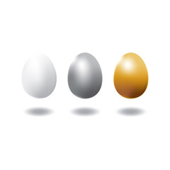 Set of silver, gold and brown chicken eggs.