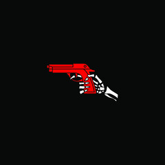 Vector illustration of the skeleton holding a gun. Horror art on black background. 