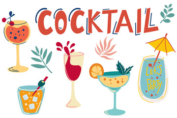 Cocktail set. Hand drawn exotic cold alcoholic beverage. Summer vacation and beach party. Popular cocktails for design menu, posters, brochures for cafe, bar. Cartoon vector illustration.