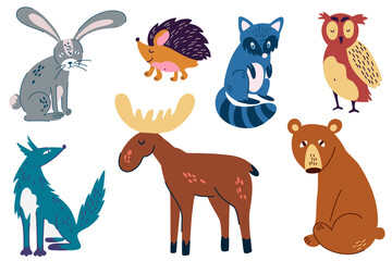 Woodland animals set. Hand draw Elk, wolf, hare, bear, raccoon, owl and hedgehog. Perfect for scrapbooking, cards, poster, tag, sticker kit. Funny cartoon characters for kids. Vector illustration.
